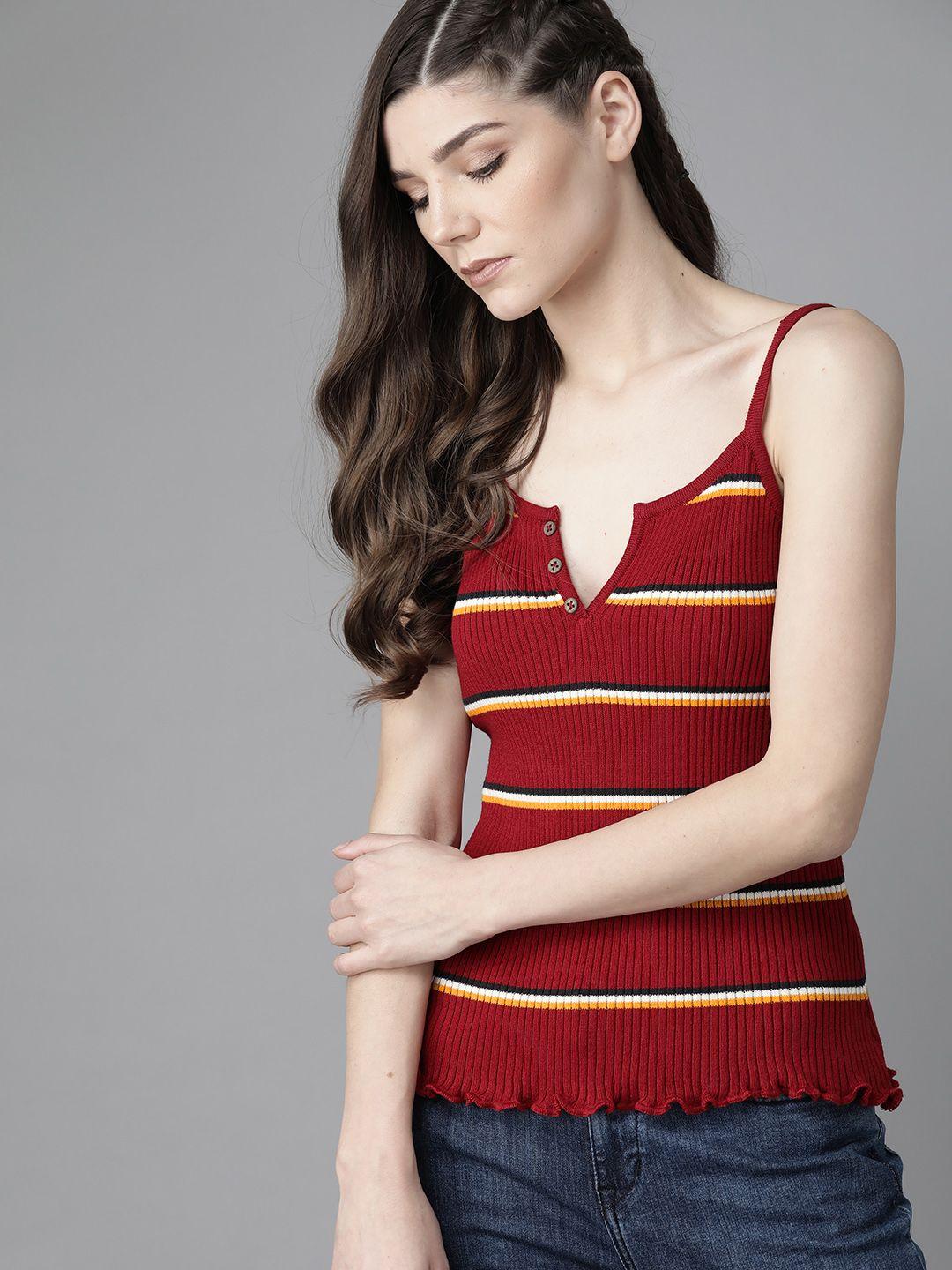 the roadster lifestyle co maroon & white self-striped ribbed split neck with shoulder straps top