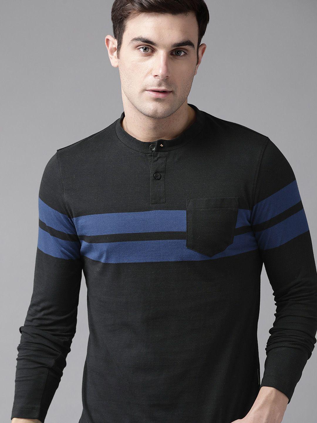 the roadster lifestyle co men black & blue striped henley neck t-shirt