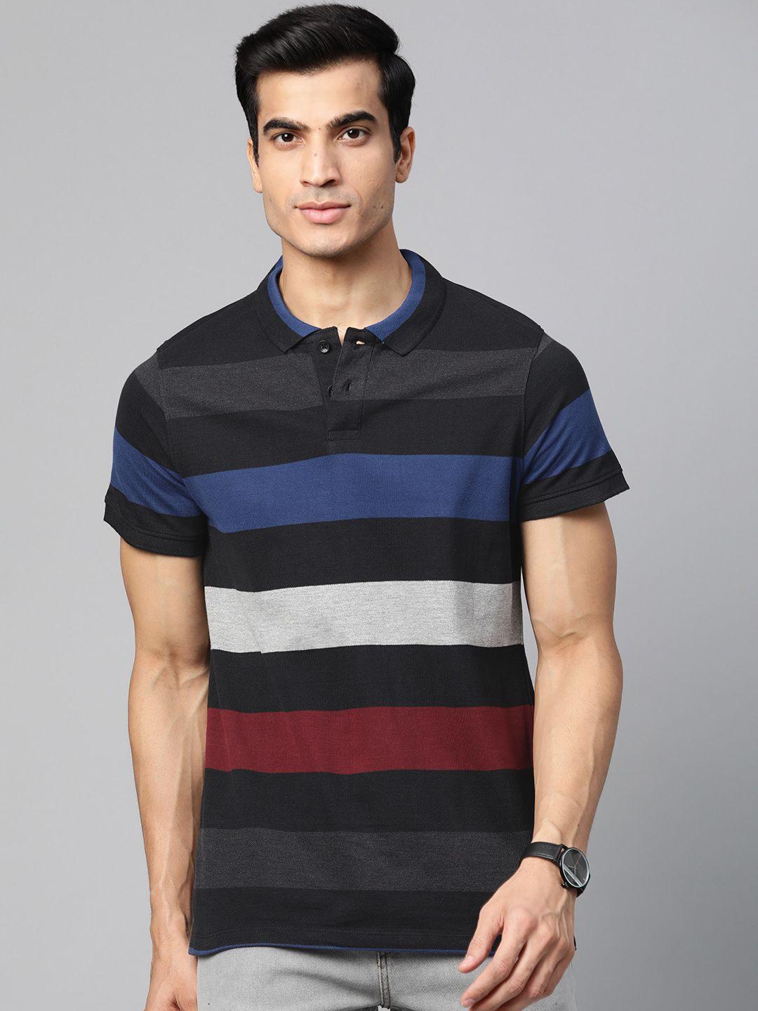 the roadster lifestyle co men black & grey multi striped polo collar t-shirt