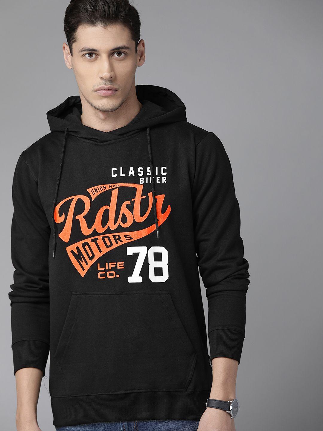 the roadster lifestyle co men black & orange brand logo printed hooded sweatshirt