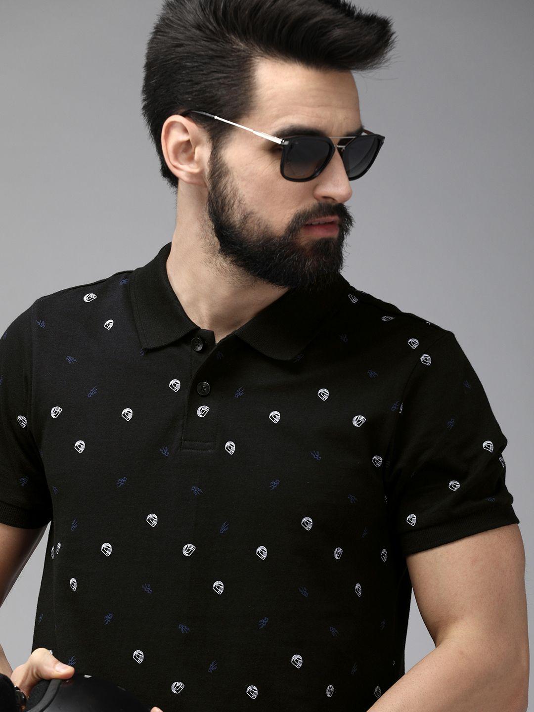 the roadster lifestyle co men black & white printed pure cotton polo collar t-shirt