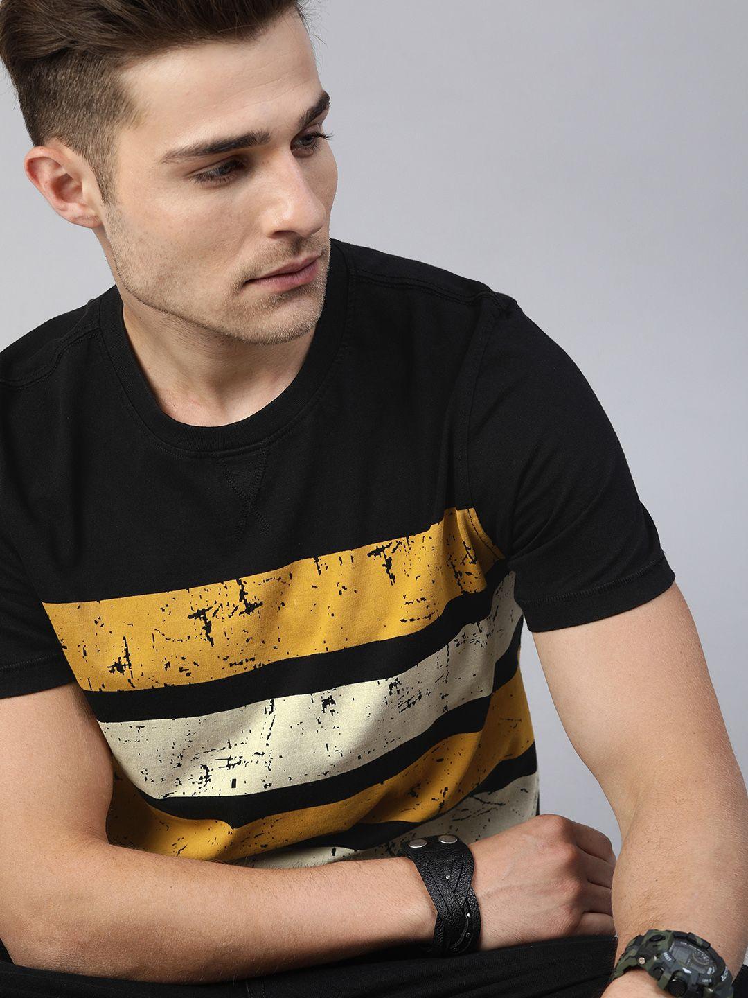 the roadster lifestyle co men black  yellow striped round neck pure cotton t-shirt