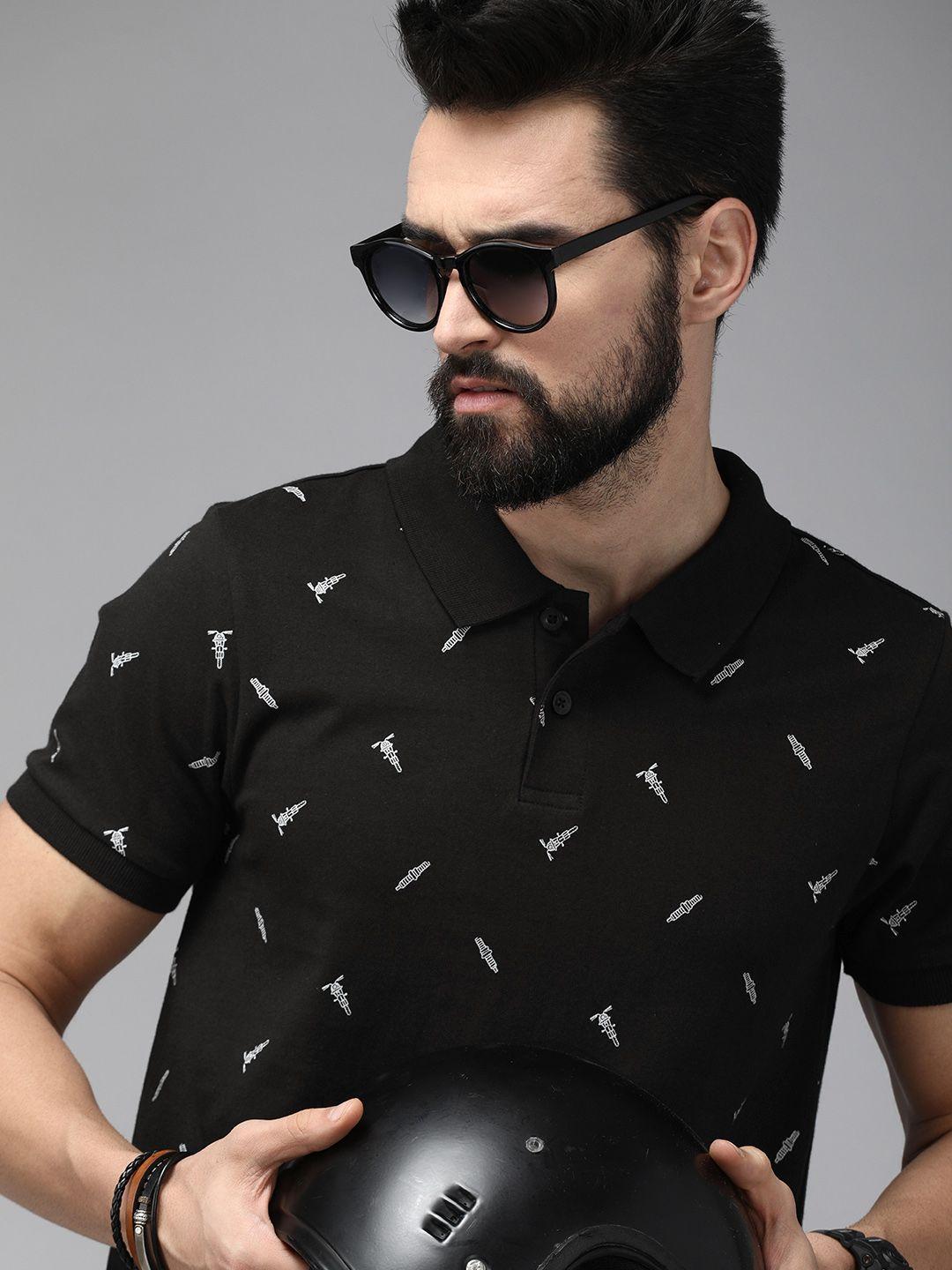 the roadster lifestyle co men black printed pure cotton polo collar t-shirt