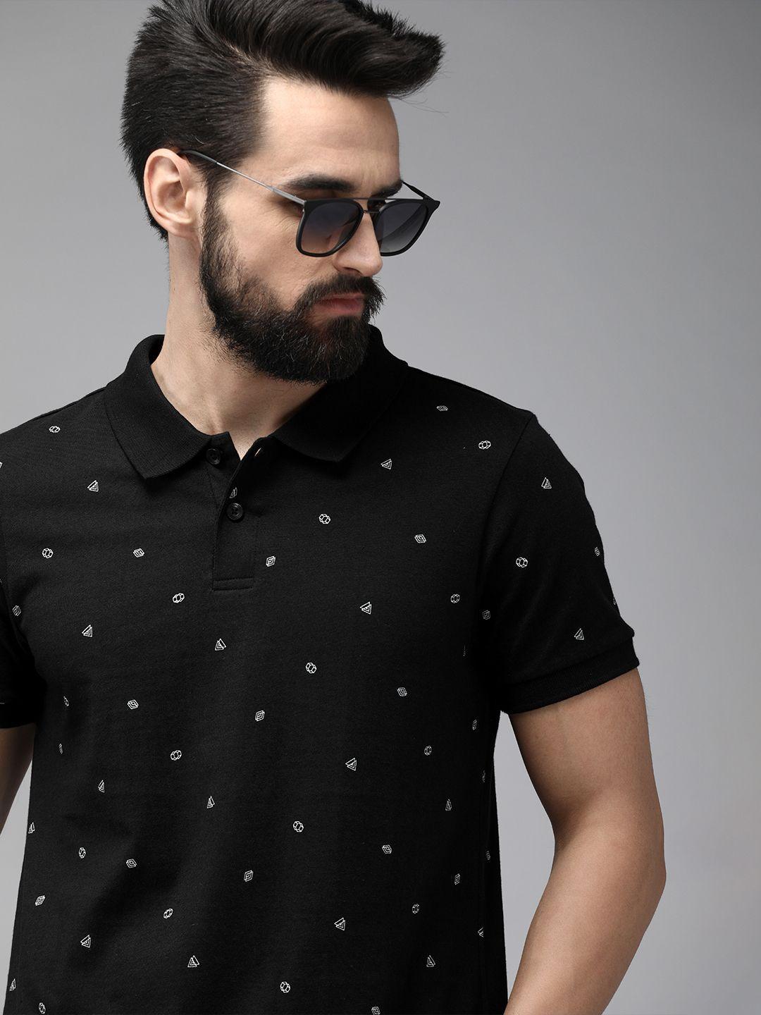 the roadster lifestyle co men black printed pure cotton polo collar t-shirt