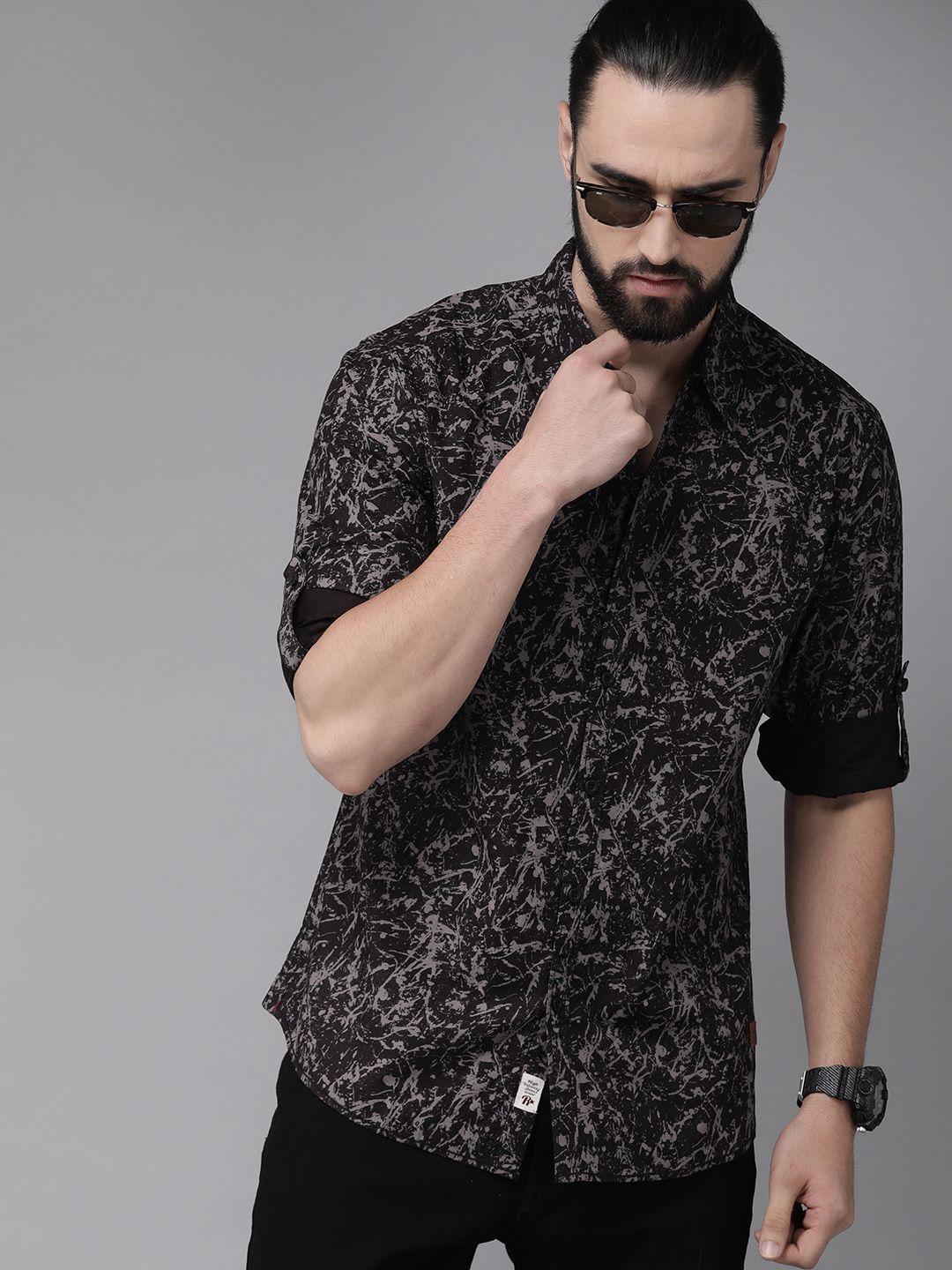 the roadster lifestyle co men black regular fit printed sustainable casual shirt