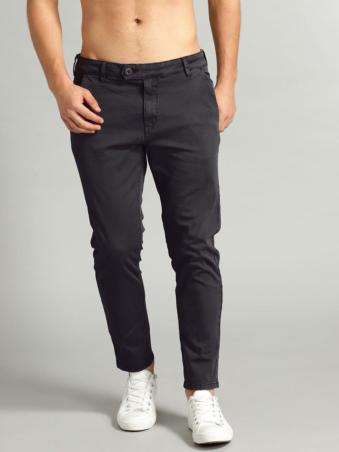 the roadster lifestyle co men black regular fit solid trousers