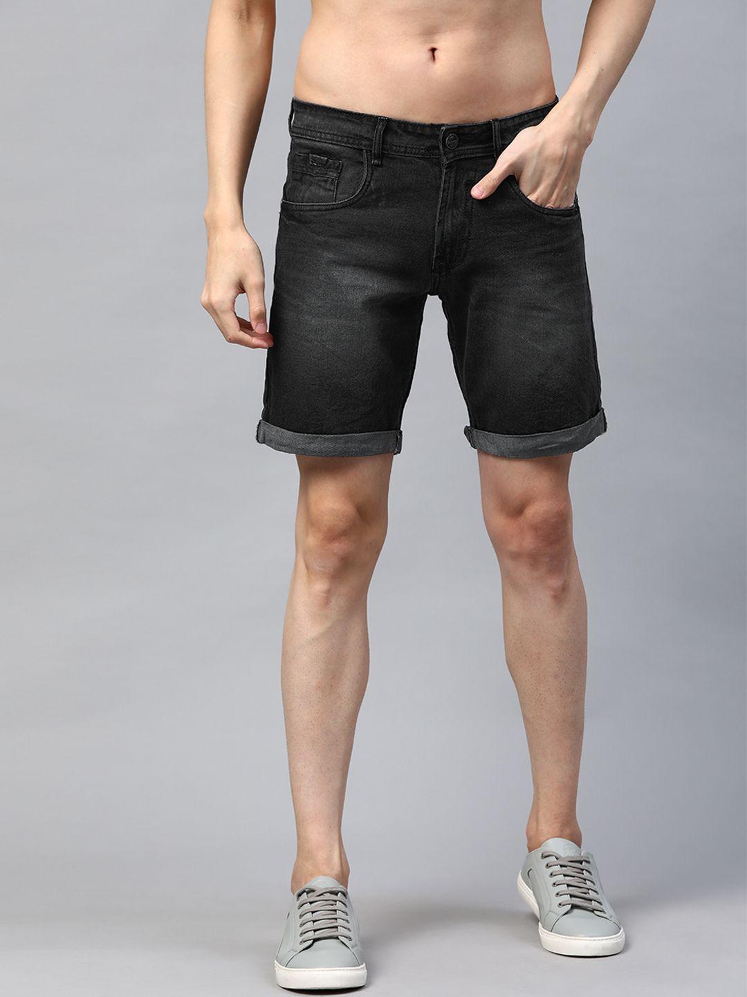 the roadster lifestyle co men black regular fit washed mid-rise denim shorts