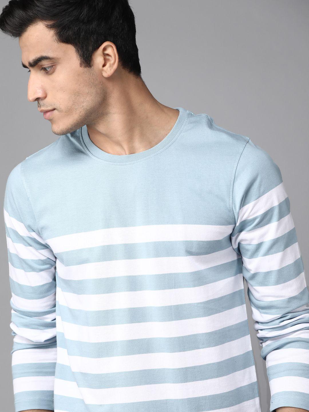 the roadster lifestyle co men blue  white pure cotton striped round neck pure cotton t-shirt