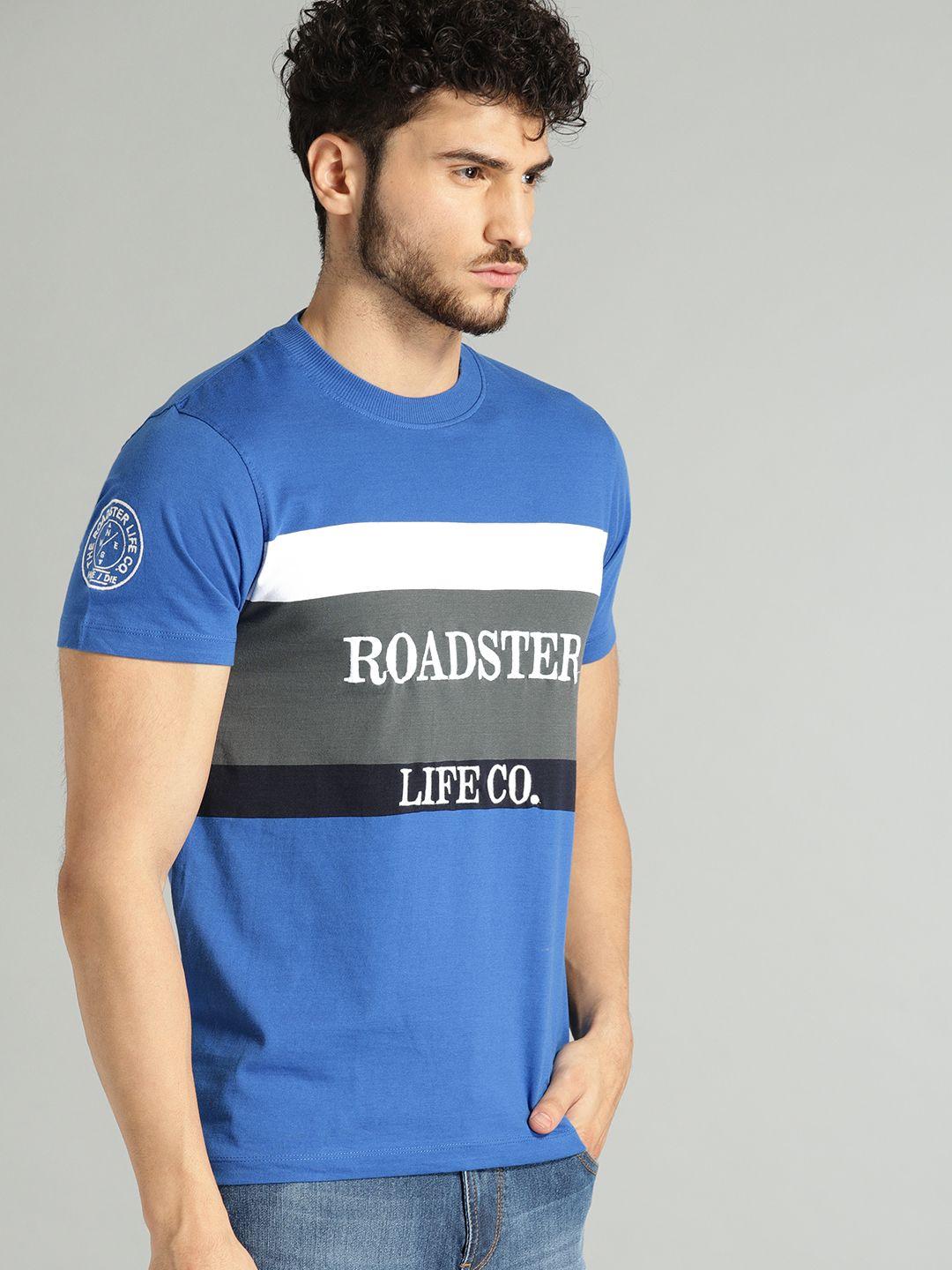 the roadster lifestyle co men blue printed round neck pure cotton t-shirt