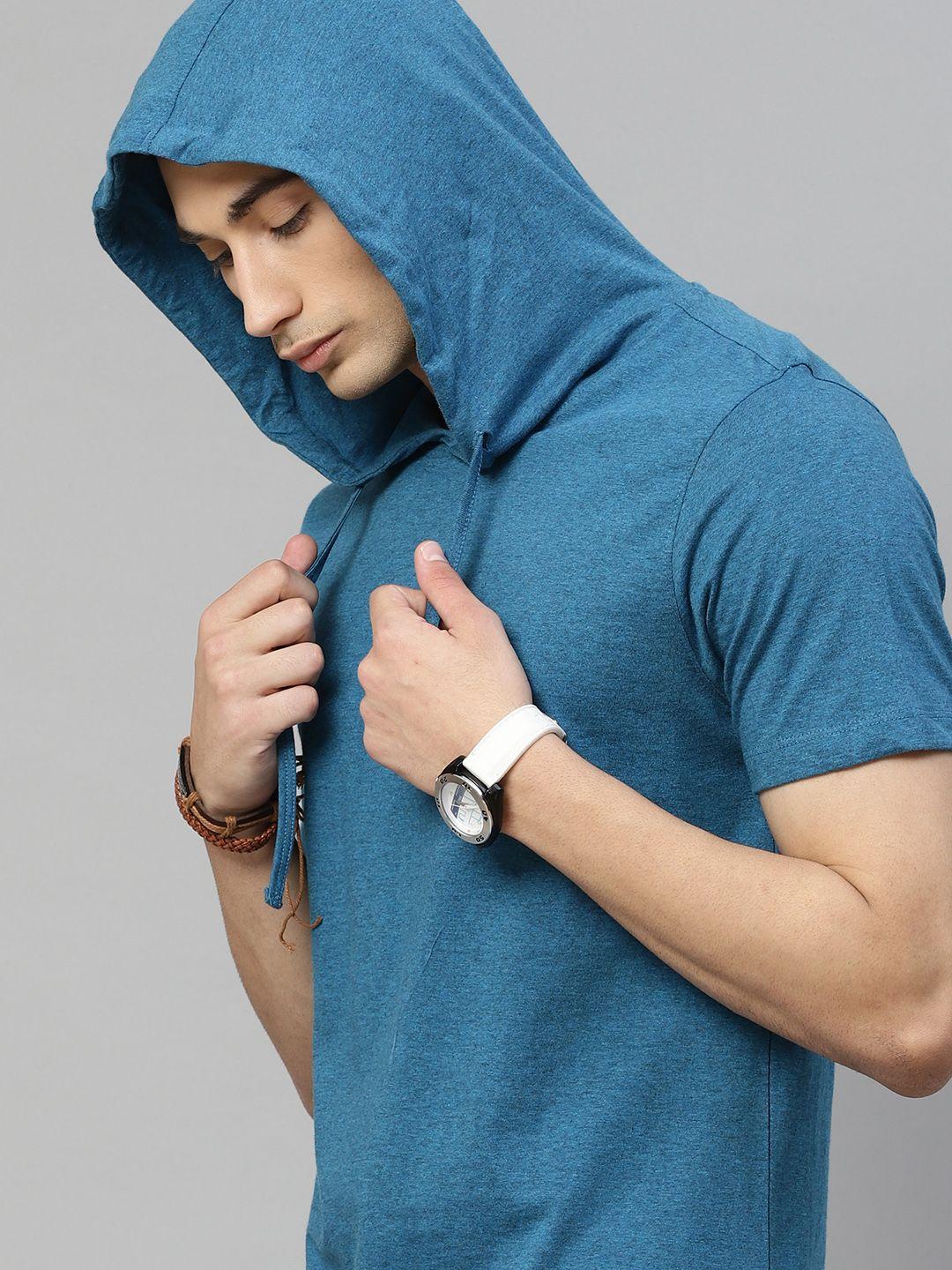the roadster lifestyle co men blue pure cotton solid hood pure cotton t-shirt