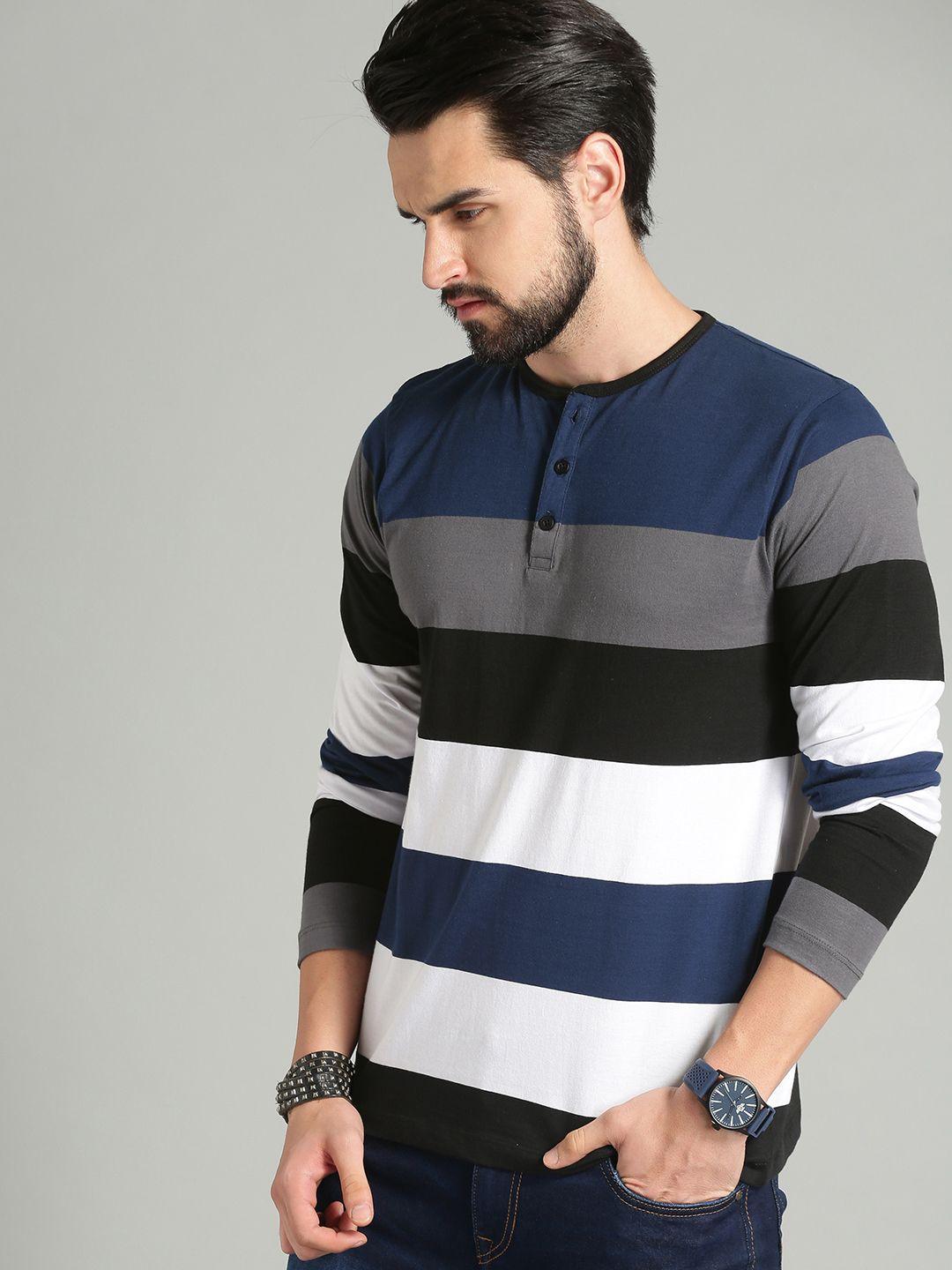 the roadster lifestyle co men blue striped henley neck pure cotton t-shirt