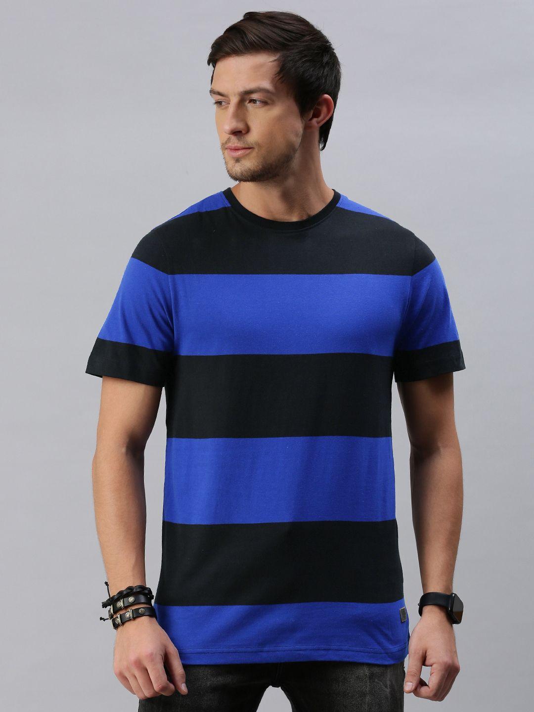the roadster lifestyle co men blue striped round neck pure cotton t-shirt