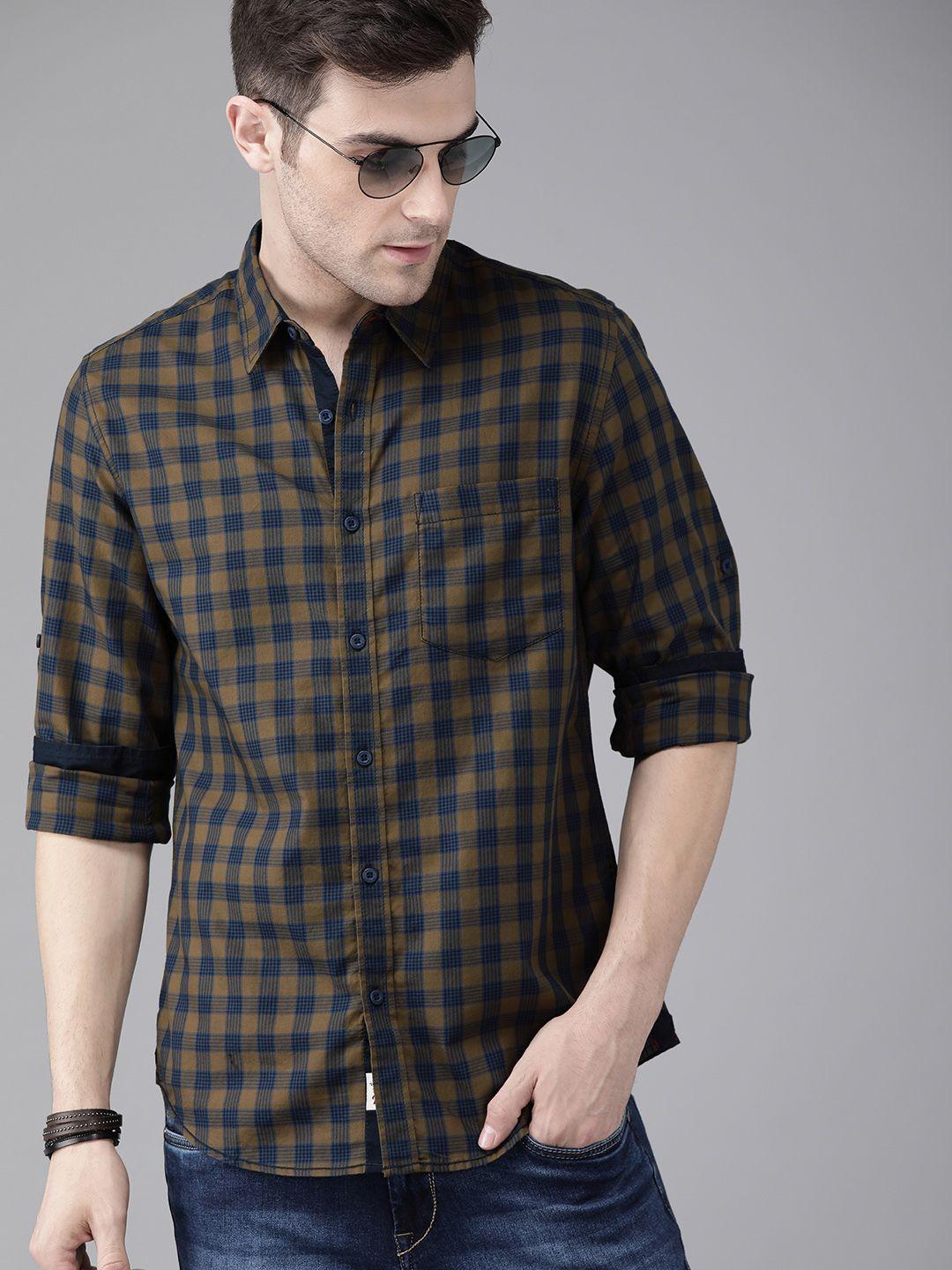 the roadster lifestyle co men brown & blue regular fit checked sustainable casual shirt