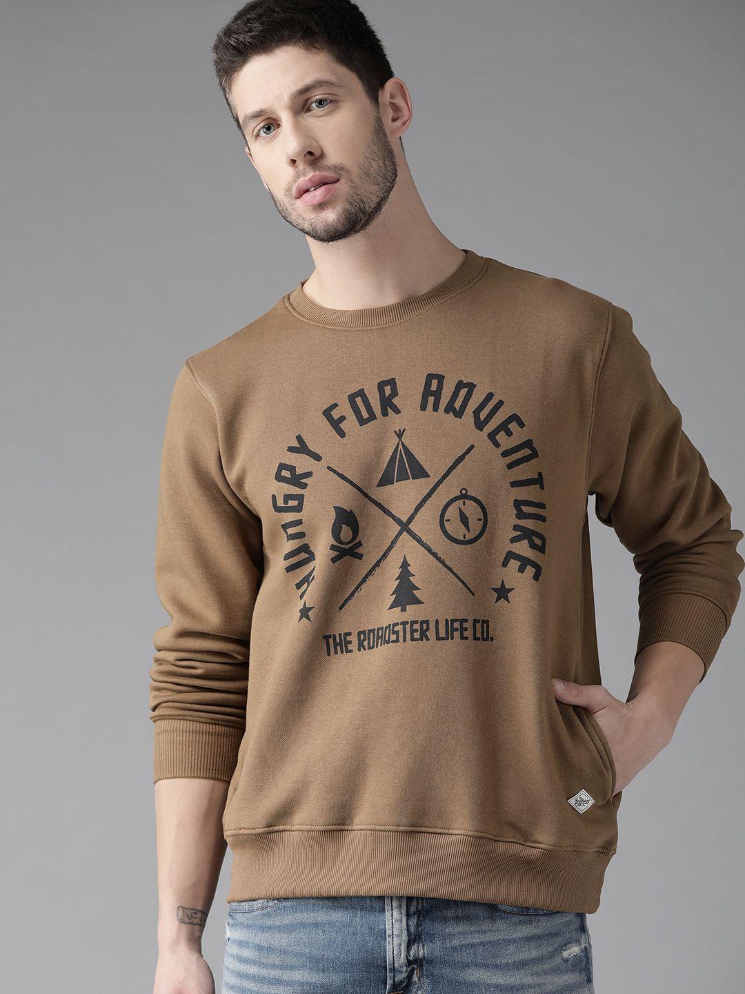 the roadster lifestyle co men brown & navy blue printed sweatshirt