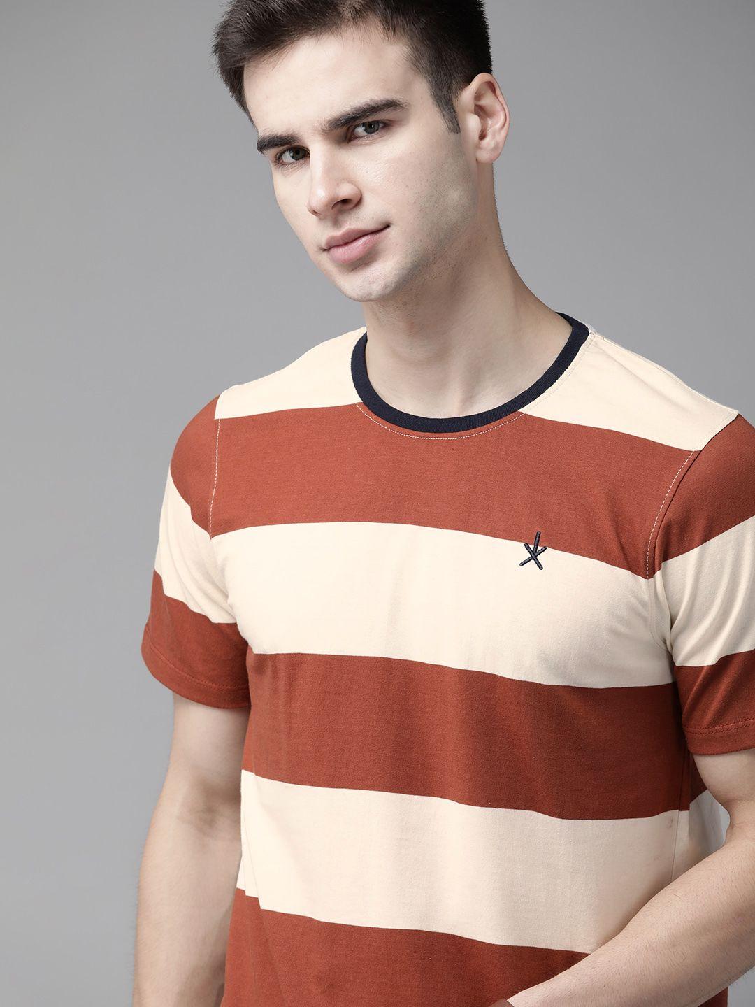 the roadster lifestyle co men brown  off-white pure cotton striped round neck pure cotton t-shirt