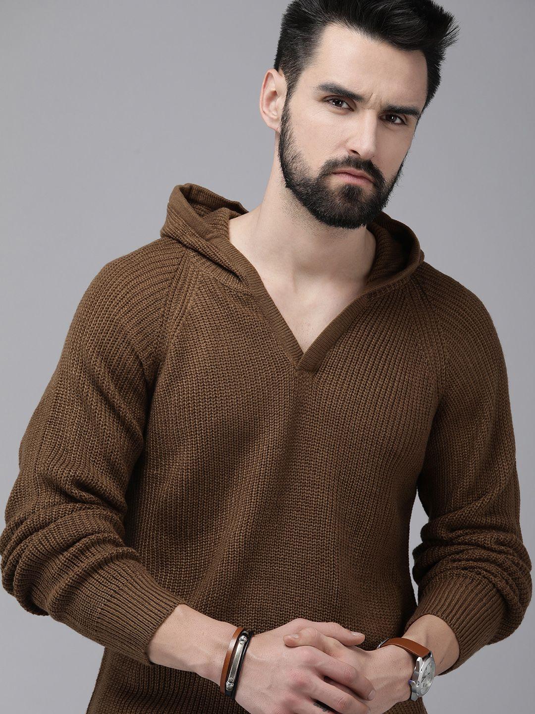 the roadster lifestyle co men brown cable knit hooded pullover sweater