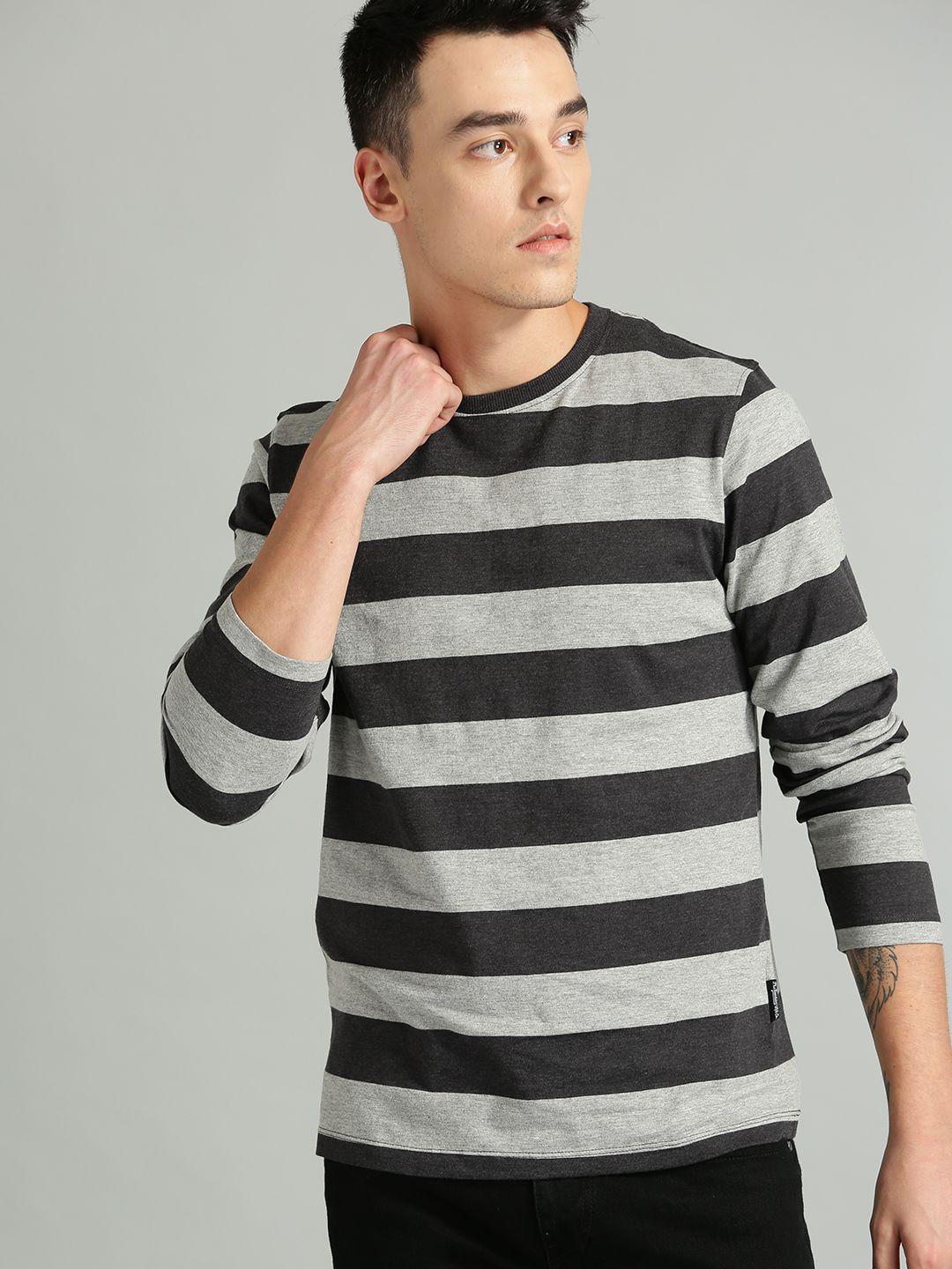 the roadster lifestyle co men charcoal grey & grey melange striped round neck t-shirt