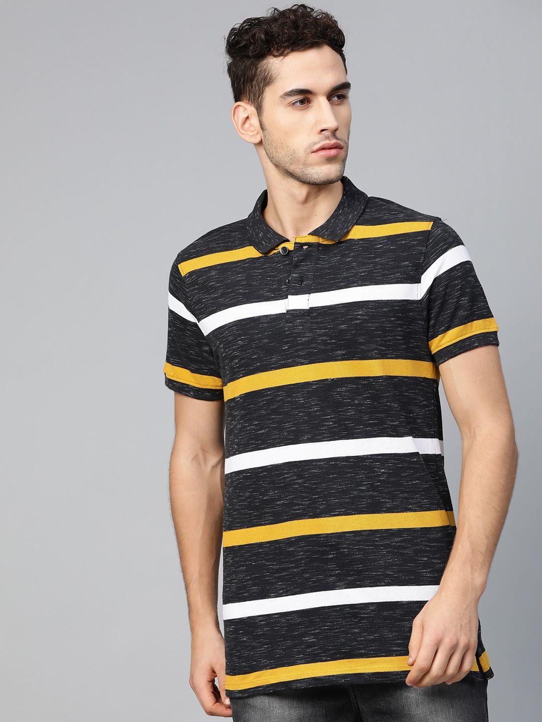 the roadster lifestyle co men charcoal grey  mustard yellow striped polo collar pure cotton t-shirt