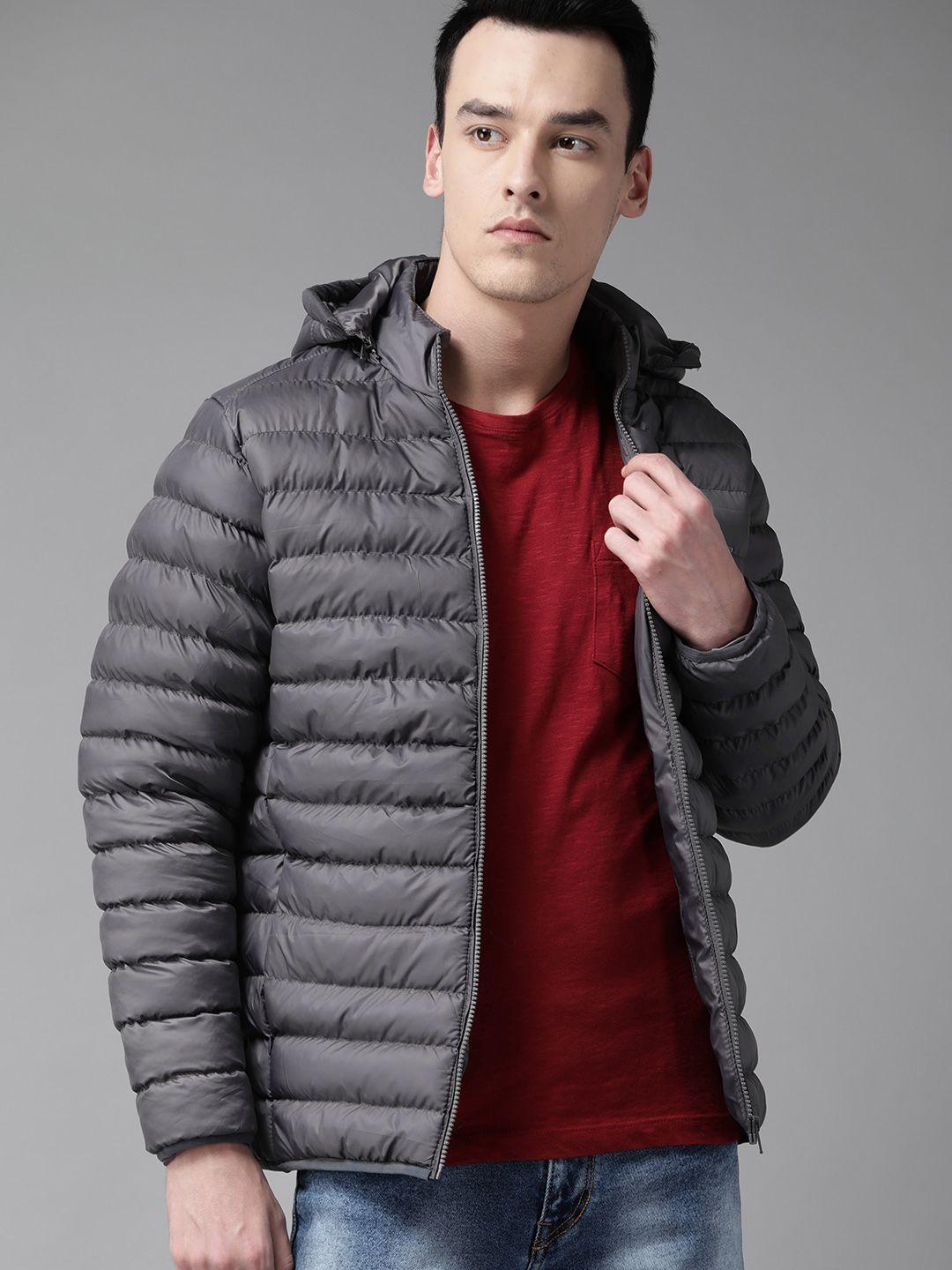 the roadster lifestyle co men charcoal grey solid hooded puffer jacket