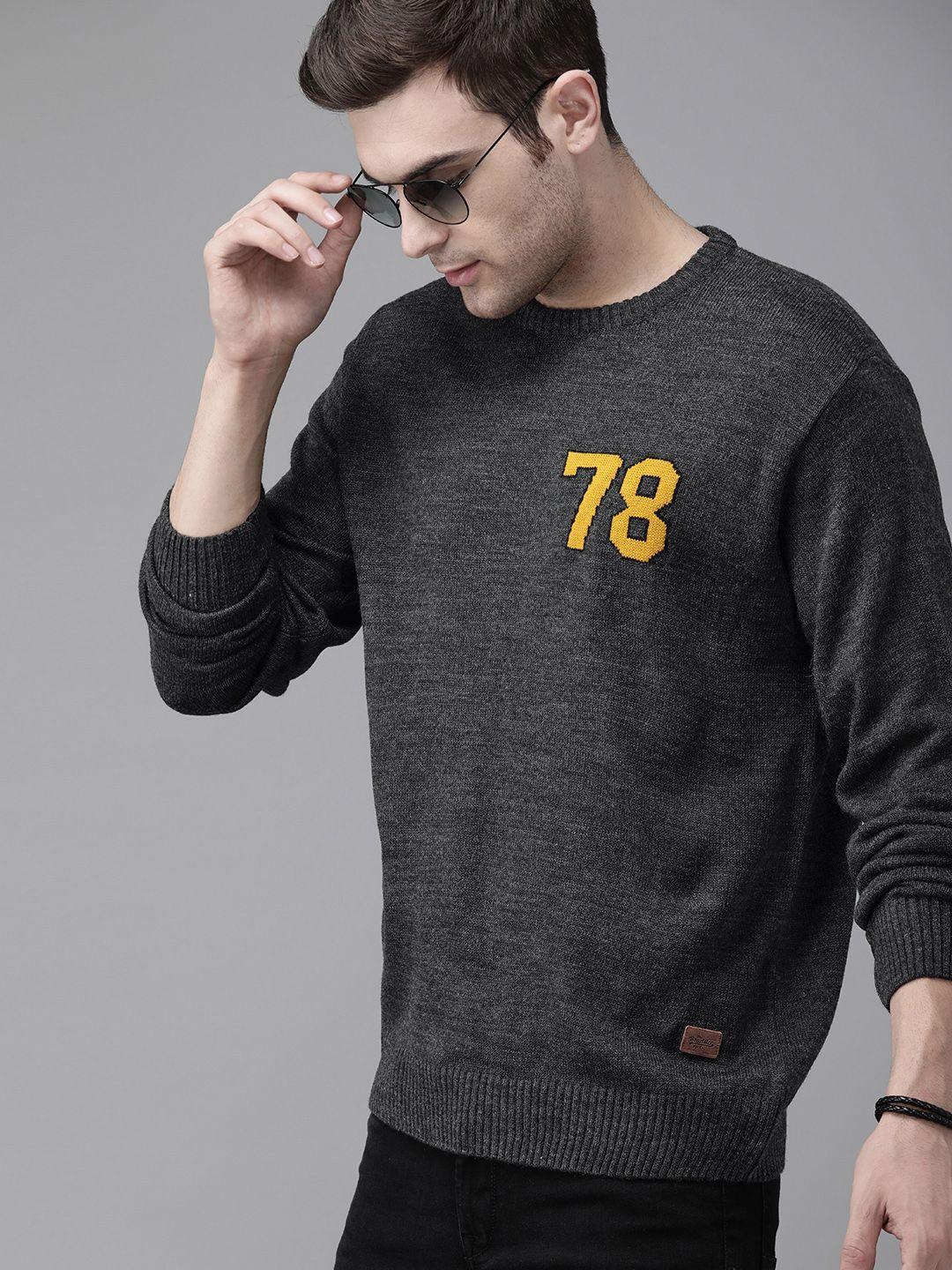 the roadster lifestyle co men charcoal grey solid pullover sweater