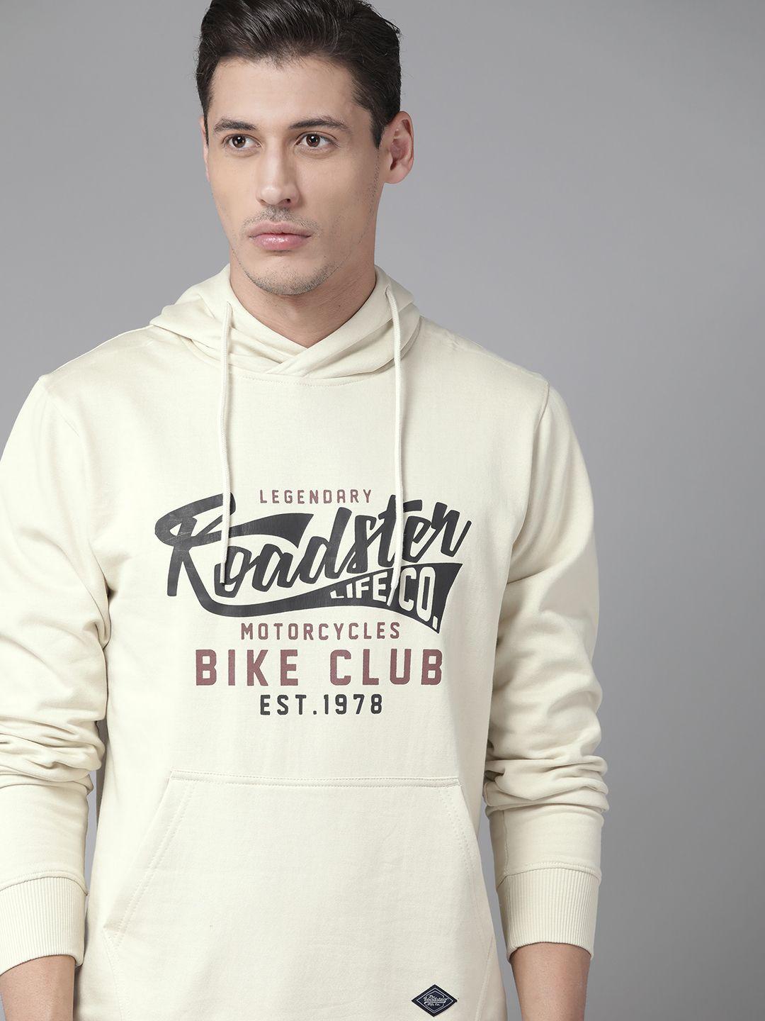 the roadster lifestyle co men cream-coloured & black printed hooded sweatshirt