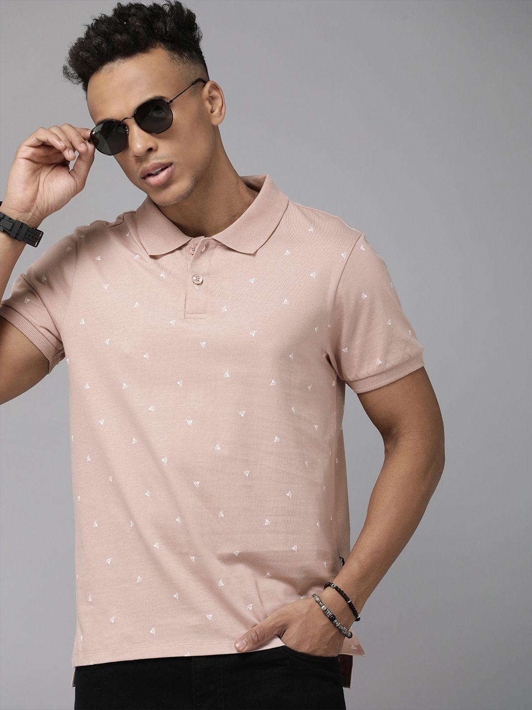 the roadster lifestyle co men dusty pink & white printed pure cotton polo collar t-shirt