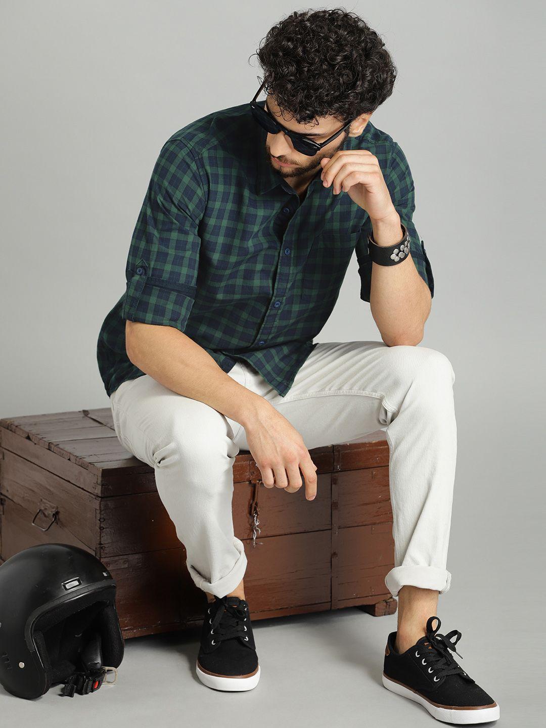 the roadster lifestyle co men green & navy blue checked sustainable casual shirt
