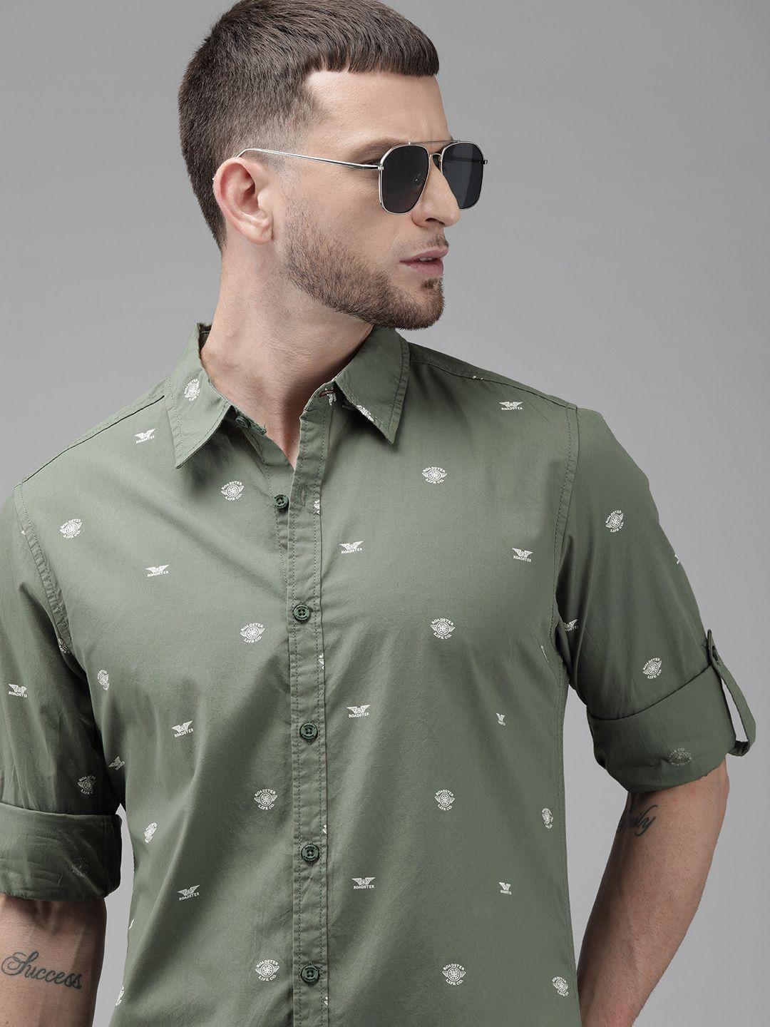 the roadster lifestyle co men green & white regular fit logo printed casual shirt