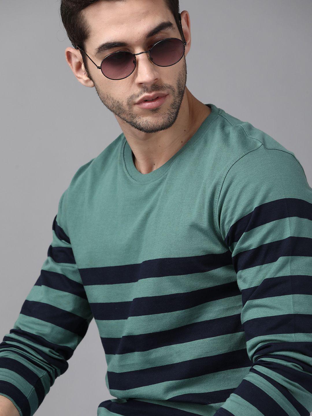 the roadster lifestyle co men green  navy pure cotton striped round neck pure cotton t-shirt