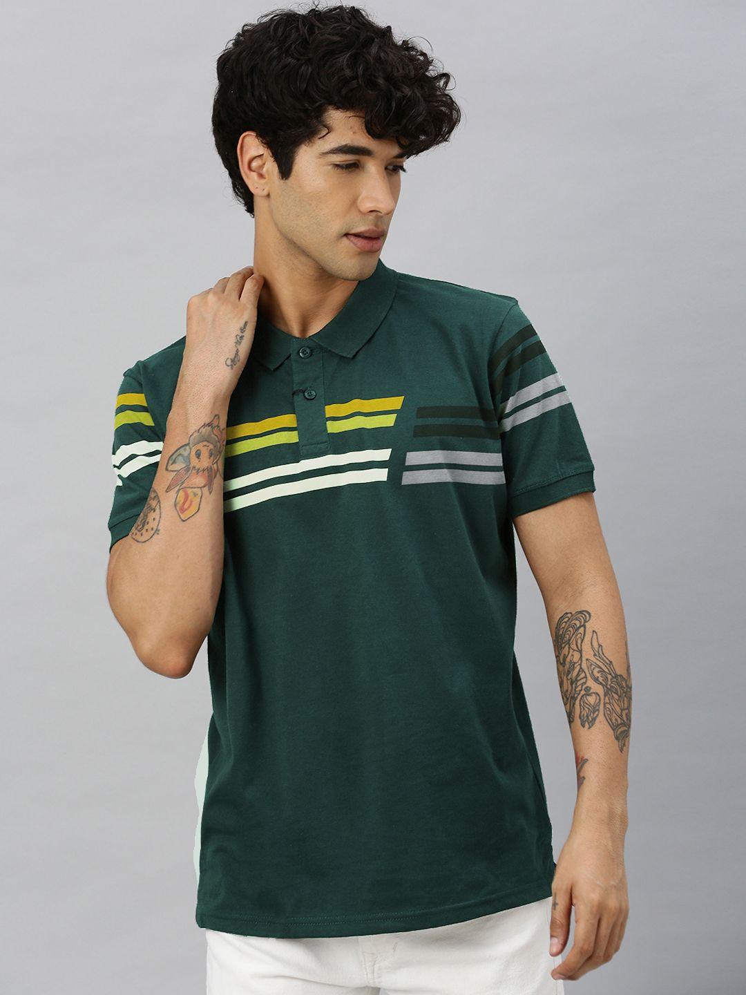 the roadster lifestyle co men green  white striped polo collar pure cotton t-shirt