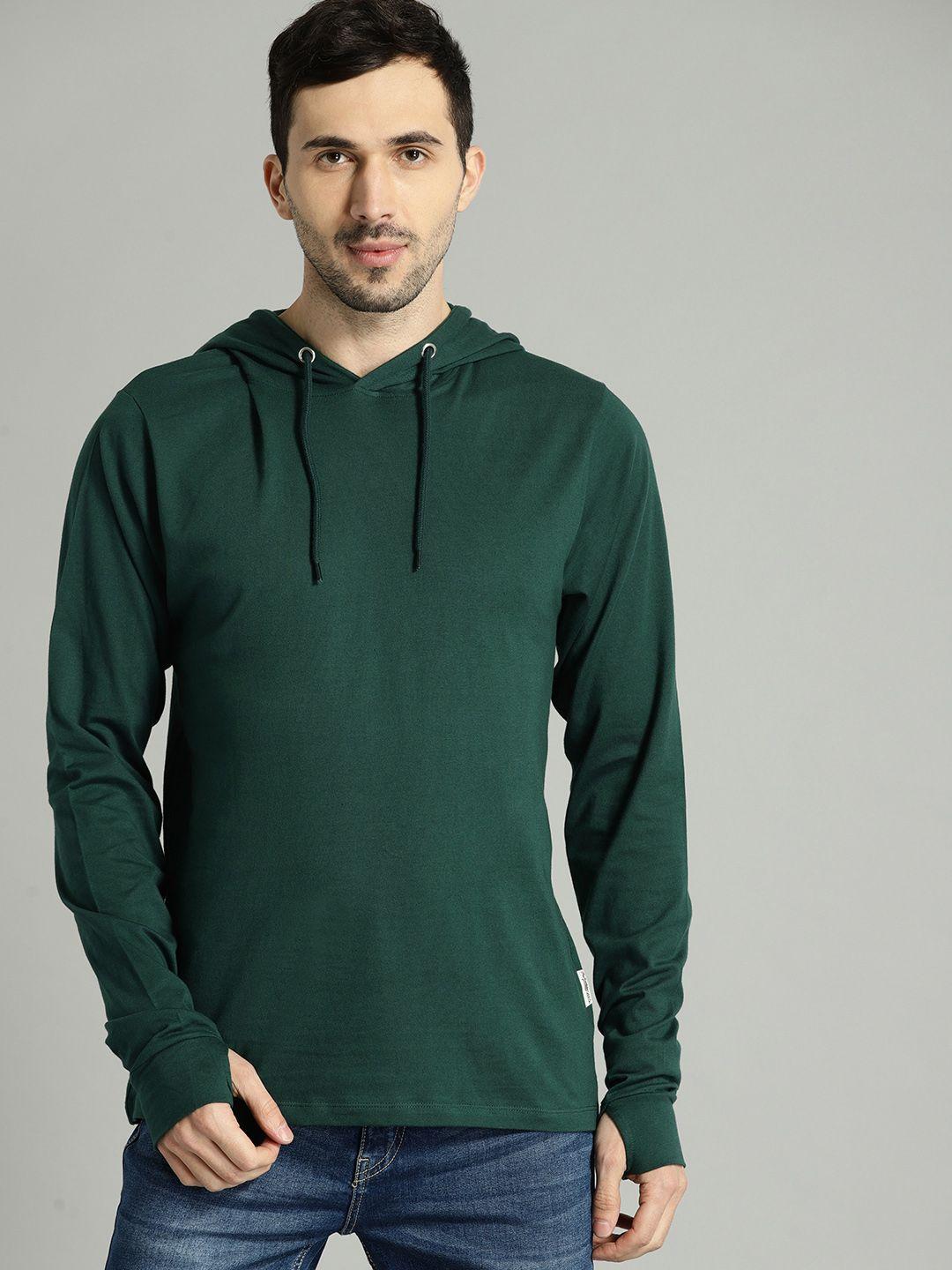 the roadster lifestyle co men green solid hood pure cotton t-shirt