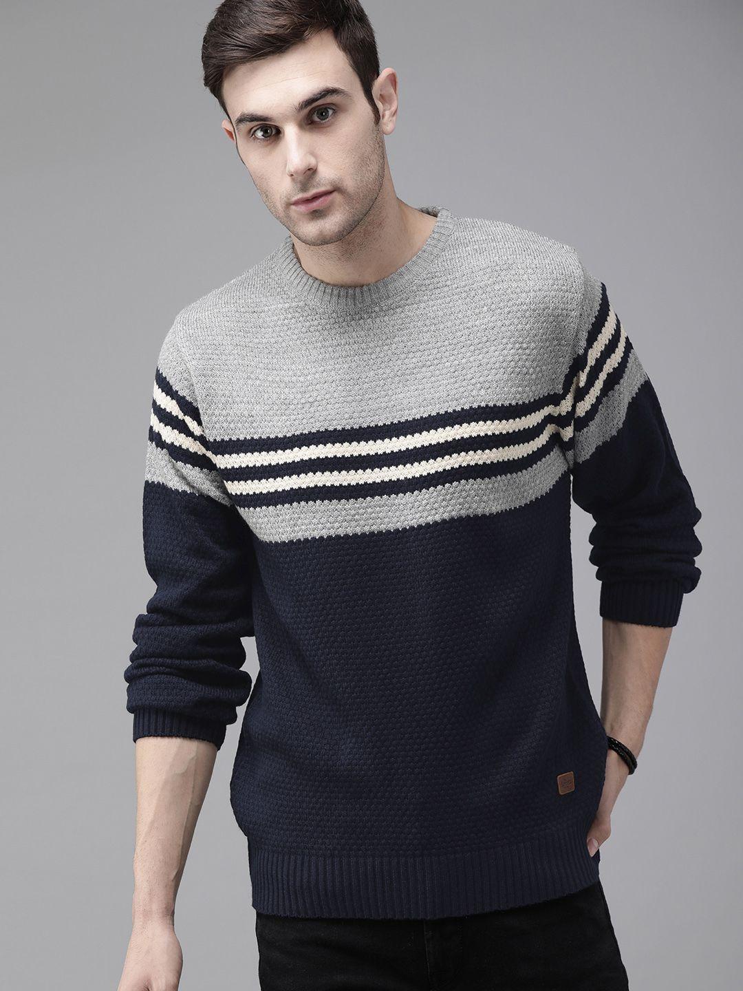the roadster lifestyle co men grey & navy blue colourblocked pullover sweater