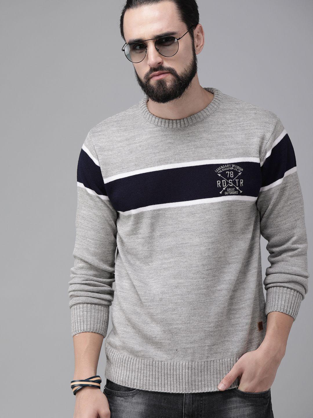 the roadster lifestyle co men grey & navy blue striped pullover sweater