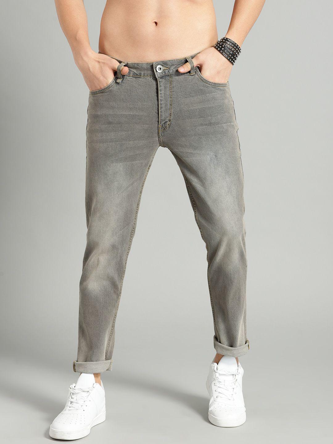 the roadster lifestyle co men grey slim tapered fit mid-rise clean look stretchable jeans