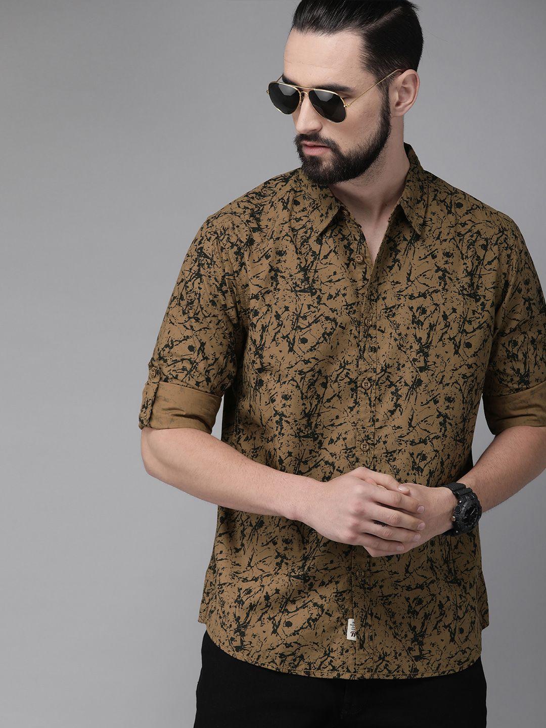 the roadster lifestyle co men khaki & black regular fit printed sustainable casual shirt