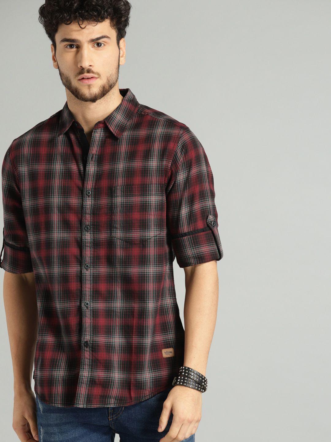 the roadster lifestyle co men maroon & black regular fit checked sustainable casual shirt