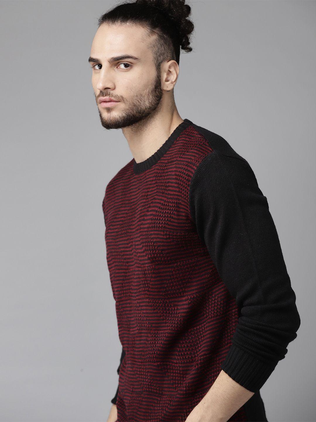 the roadster lifestyle co men maroon & black self-designed pullover sweater