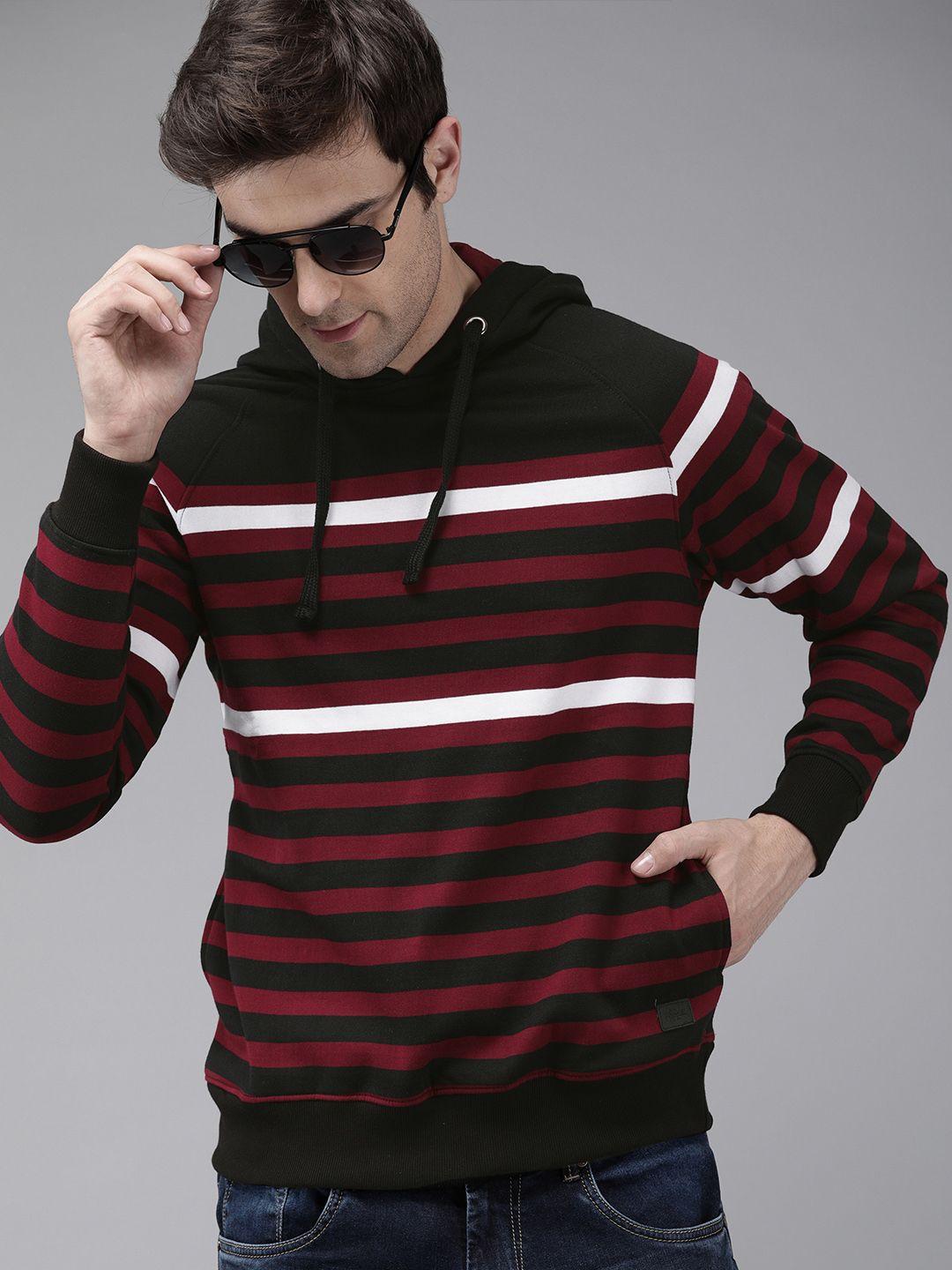 the roadster lifestyle co men maroon & black striped hooded sweatshirt