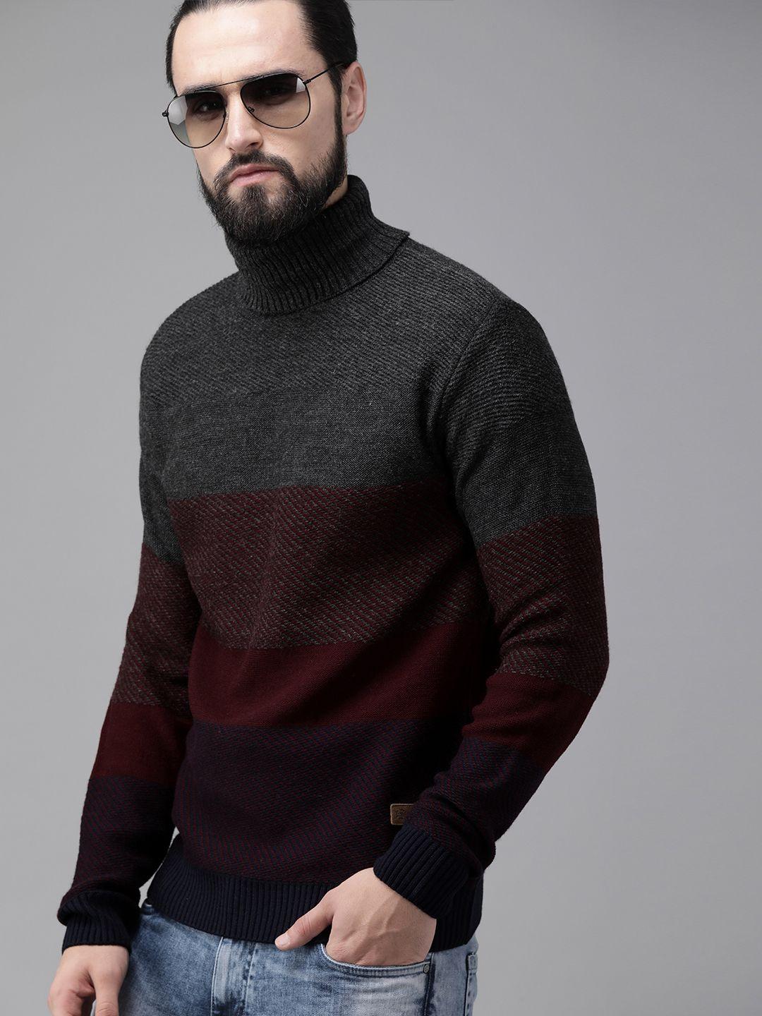 the roadster lifestyle co men maroon & charcoal grey colourblocked pullover sweater