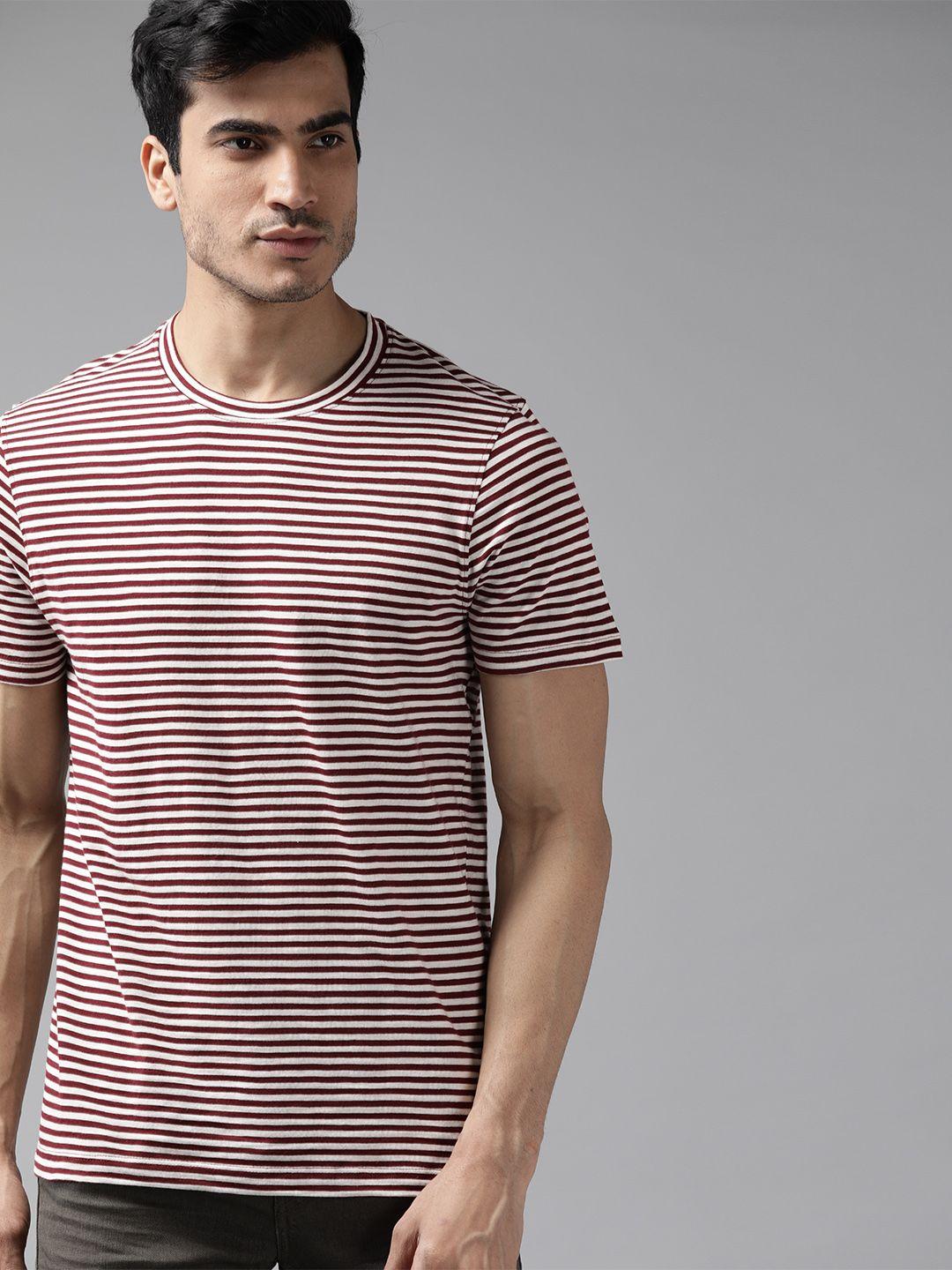 the roadster lifestyle co men maroon & white striped round neck t-shirt