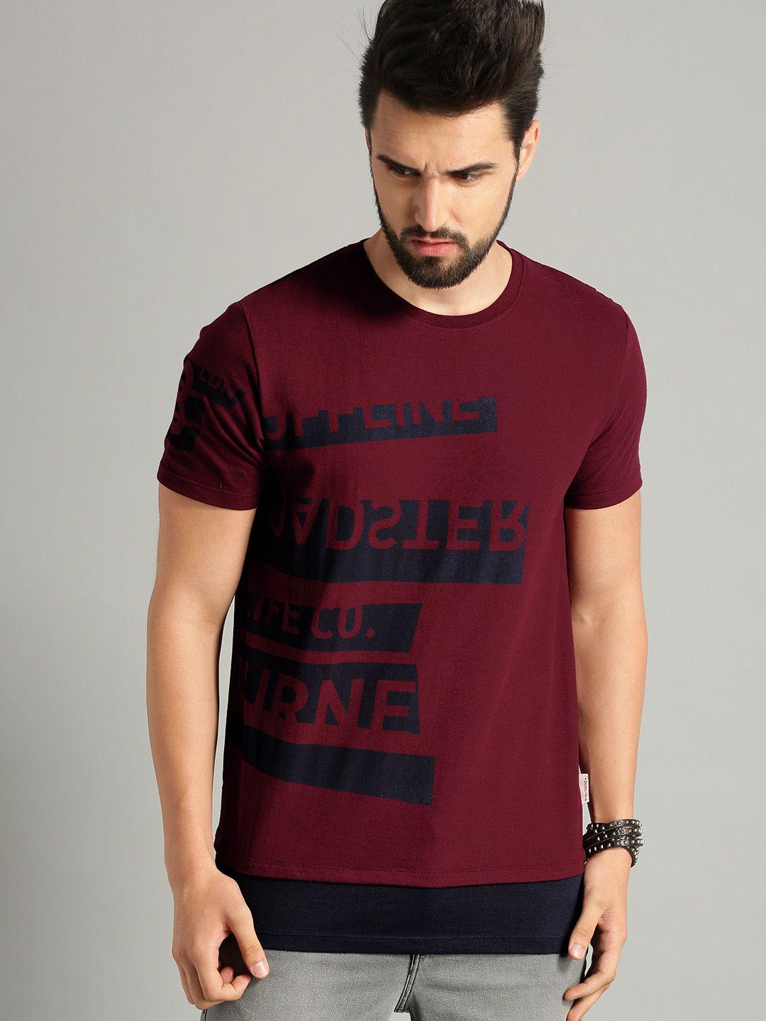 the roadster lifestyle co men maroon  navy placement print round neck pure cotton t-shirt