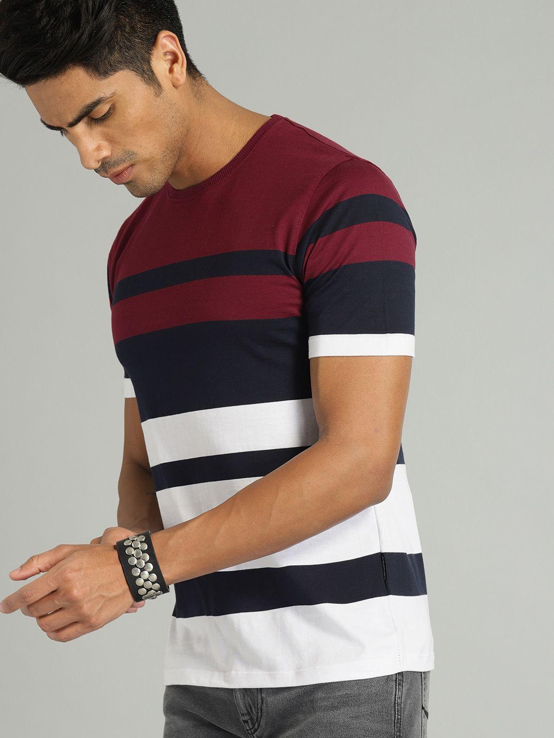 the roadster lifestyle co men maroon  white striped round neck pure cotton t-shirt