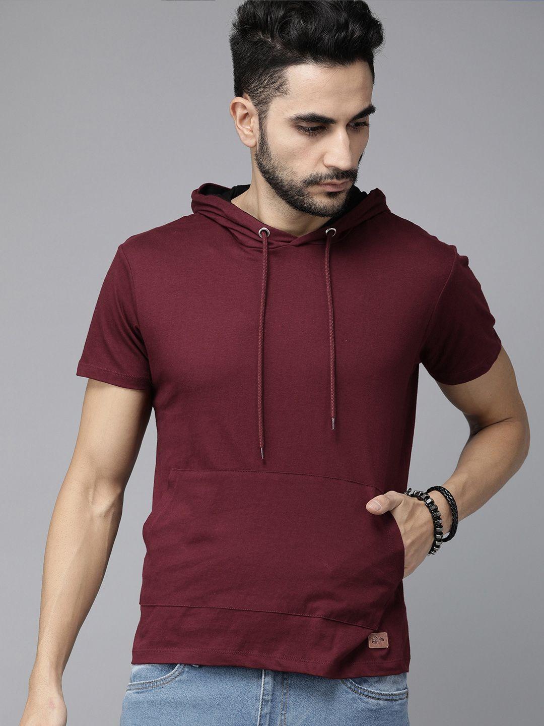 the roadster lifestyle co men maroon hood cotton pure cotton t-shirt