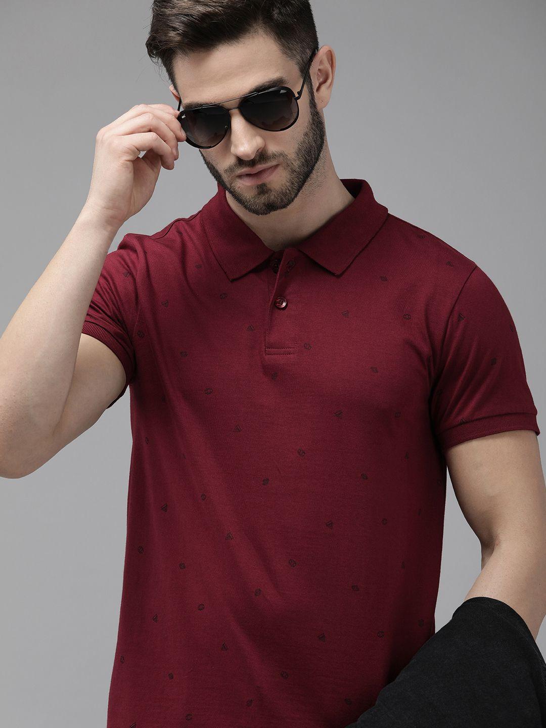 the roadster lifestyle co men maroon printed pure cotton polo collar t-shirt