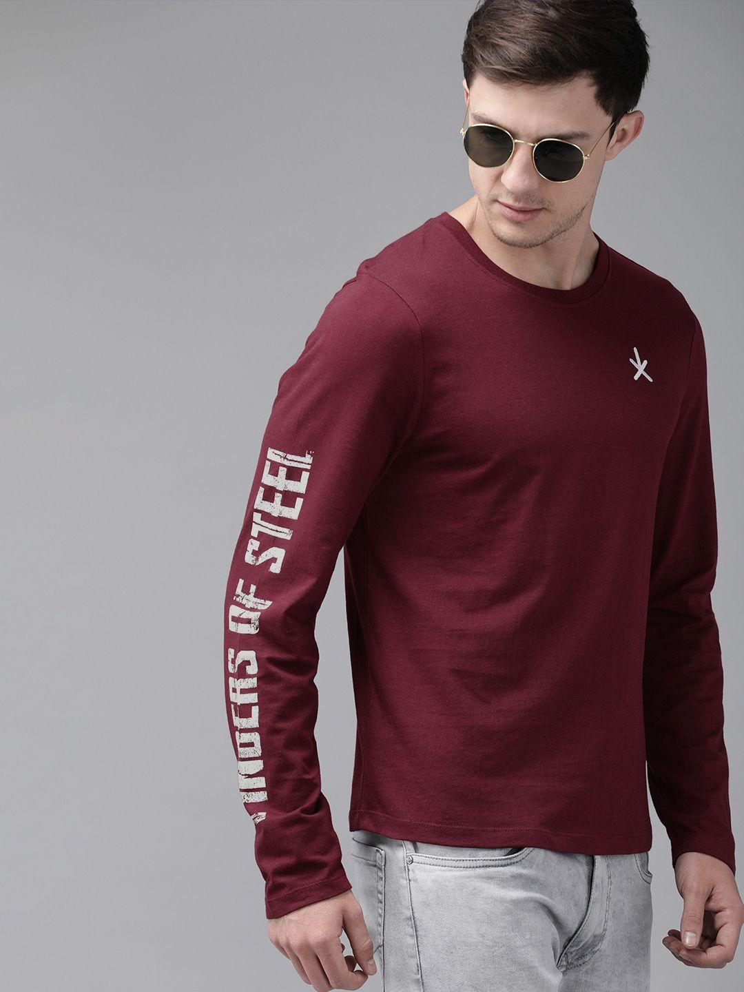 the roadster lifestyle co men maroon solid round neck pure cotton t-shirt