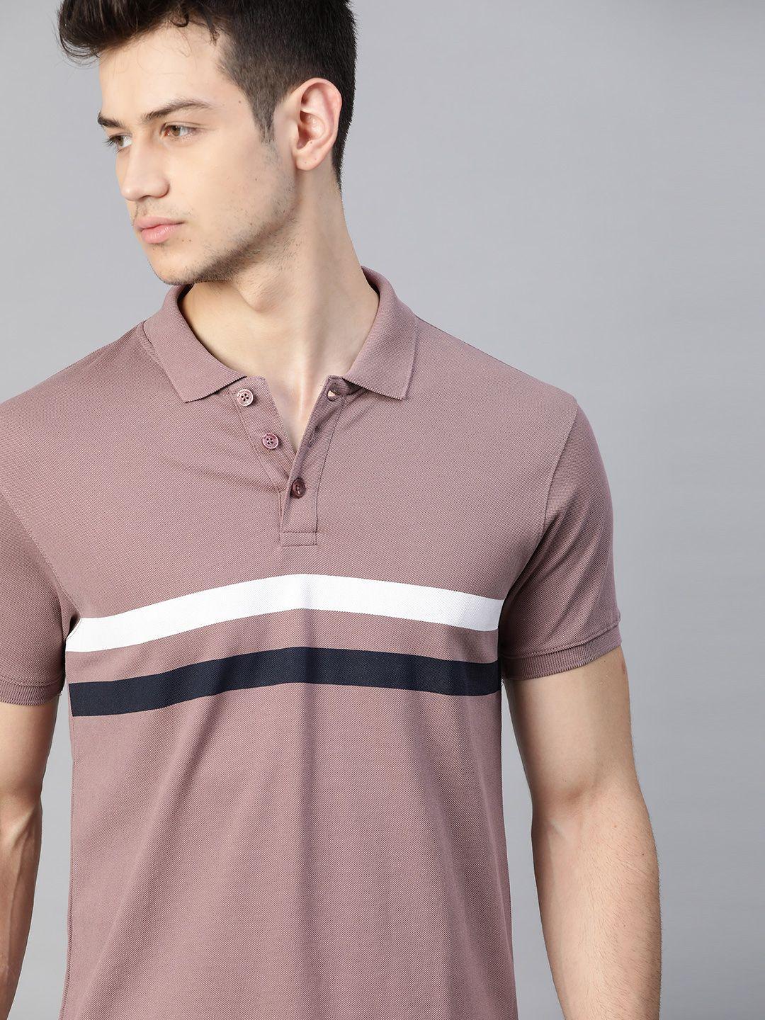 the roadster lifestyle co men mauve  white striped polo collar pure cotton t-shirt