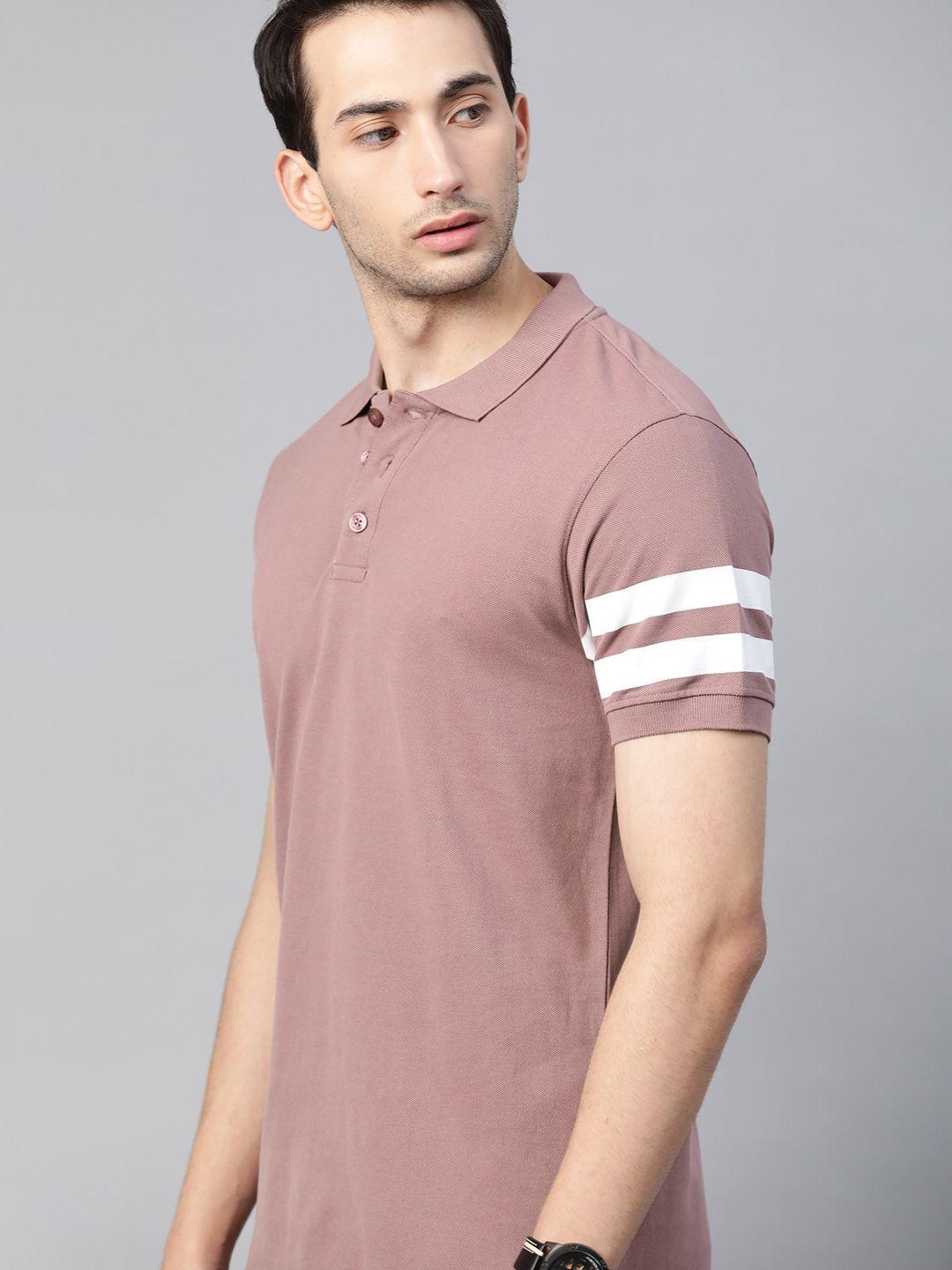 the roadster lifestyle co men mauve pure cotton solid polo collar pure cotton t-shirt