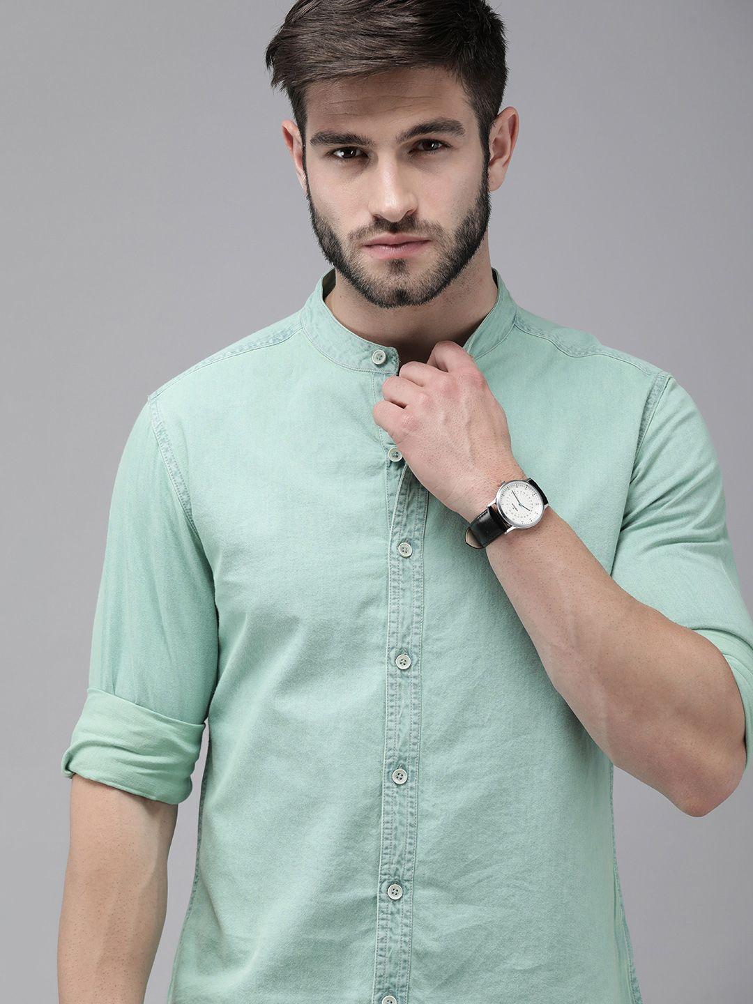 the roadster lifestyle co men mint green solid mandarin-collar regular fit denim casual shirt