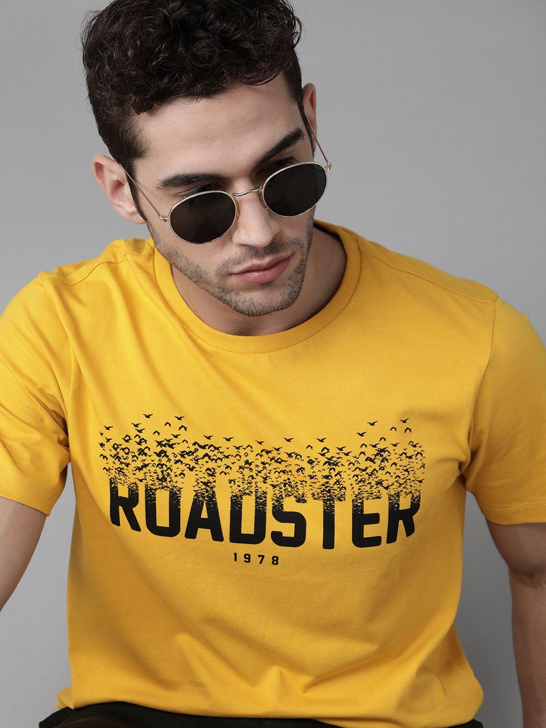 the roadster lifestyle co men mustard pure cotton printed round neck pure cotton t-shirt