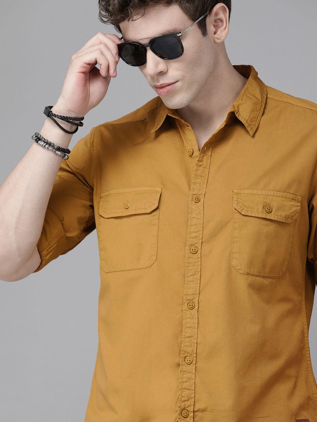 the roadster lifestyle co men mustard regular fit solid casual shirt